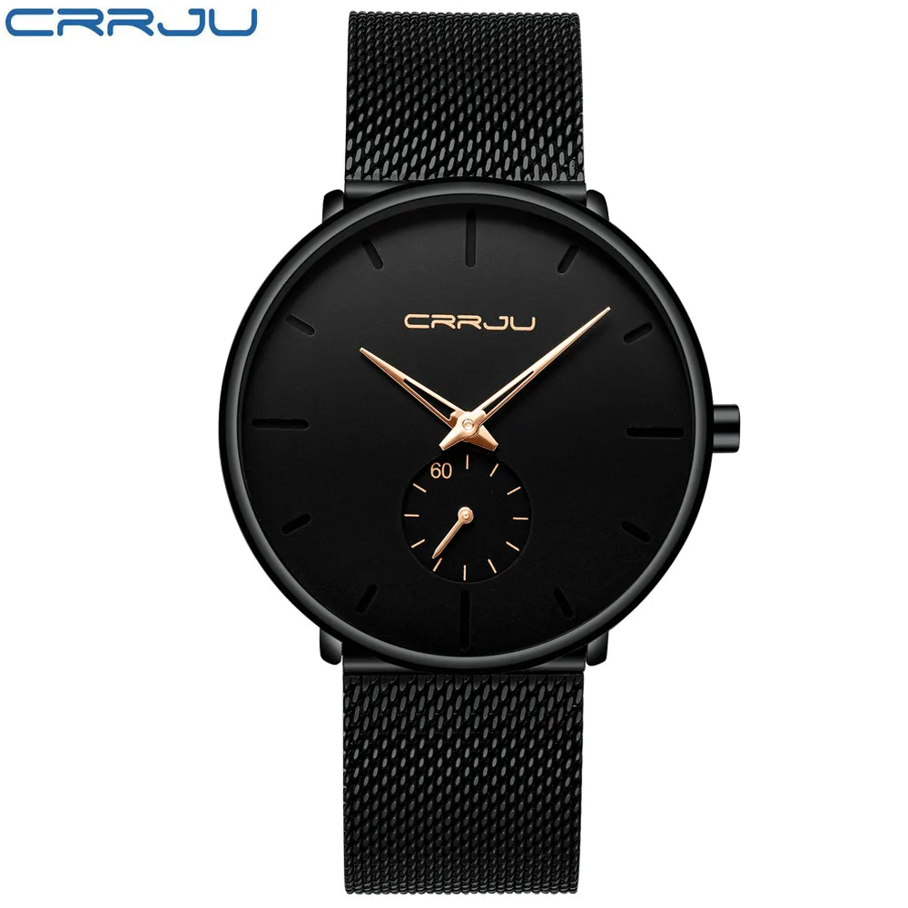 Crrju 2150 Fashion Mens Luxury Quartz Watches Casual Mesh Steel Strap Waterproof Sport Watch