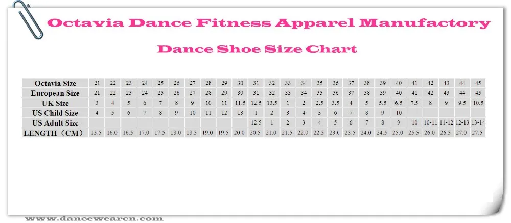 Octavia Dance Shoe Size Chart