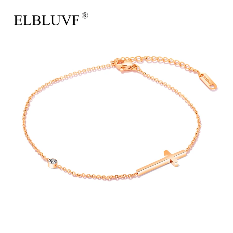 

ELBLUVF Free Shipping Stainless Steel Jewelry Rose Gold Plated Cross Shape Circular Zircon Anklet