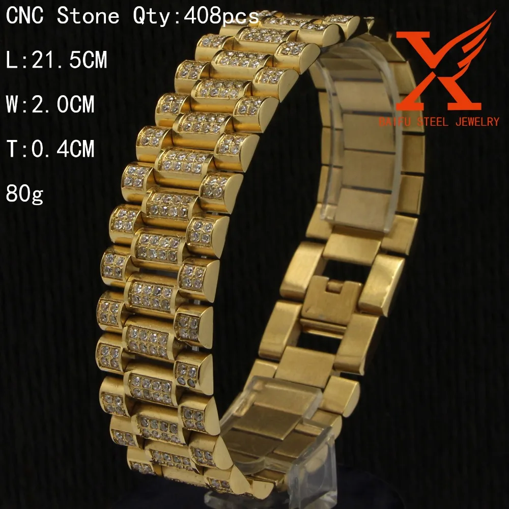 

Male Jewelry White Gold On Stainless Steel Silver Mens Hand Bracelet Presidential Link Lab CNC CZ Stone