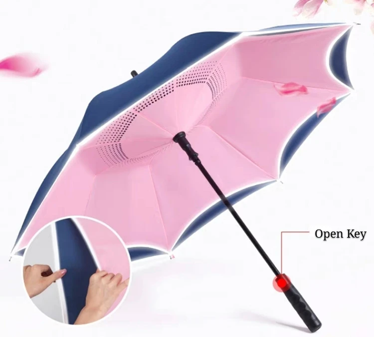 Windproof auto open straight double layer umbrella, straight umbrella with reflective strip