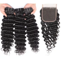 

10A Grade Brazilian Hair Weave Deep Wave Bundles With Closure 100% Virgin Human Hair Extensions