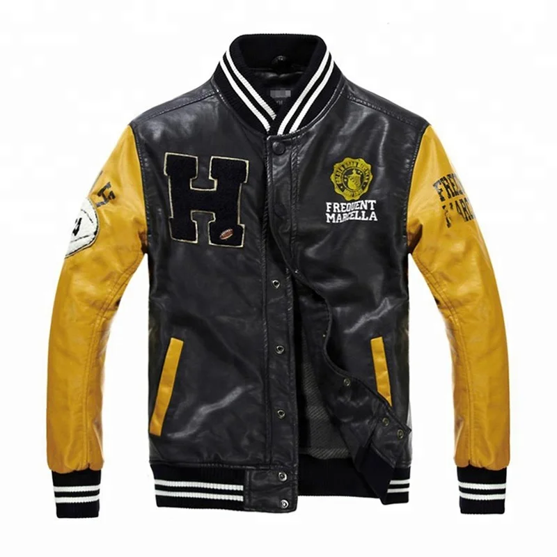 

Wholesale Custom Man Leather American College Jacket, Yellow,beige, red
