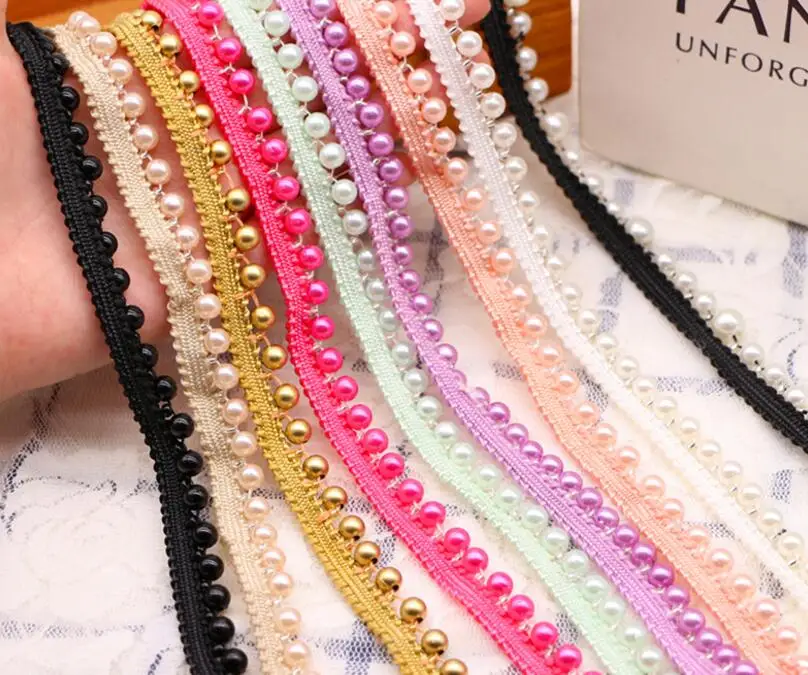 

Wholesale DIY 1.3cm handmade garment accessories diy clothing accessories beaded lace unilateral multicolor pearl lace trims, As picture or customized