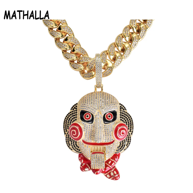 

Big Version Statement Chunky Men's Iced Out CZ Stone 69 Saw Doll Head Pendant Mouth Movable Rap Big Enamel Necklace Jewelry, Gold, silver
