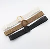 Web Woven Bonded Leather Metallic Wide Belt With Round Wooden Buckle