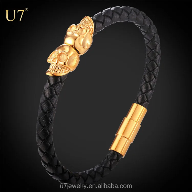 

U7 19CM 21CM biker skeleton jewelry boys black genuine leather skull bracelet men