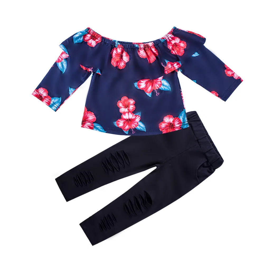 

2018ins autumn new girls word collar long sleeve flower shirt + hole trouser suit, Blue