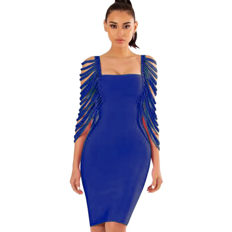 2019 New Women Tassel Batwing Sleeve U-neck Bodycon Bandage Knee Length Midi Dress Party Vestidos 4 Colors Dress