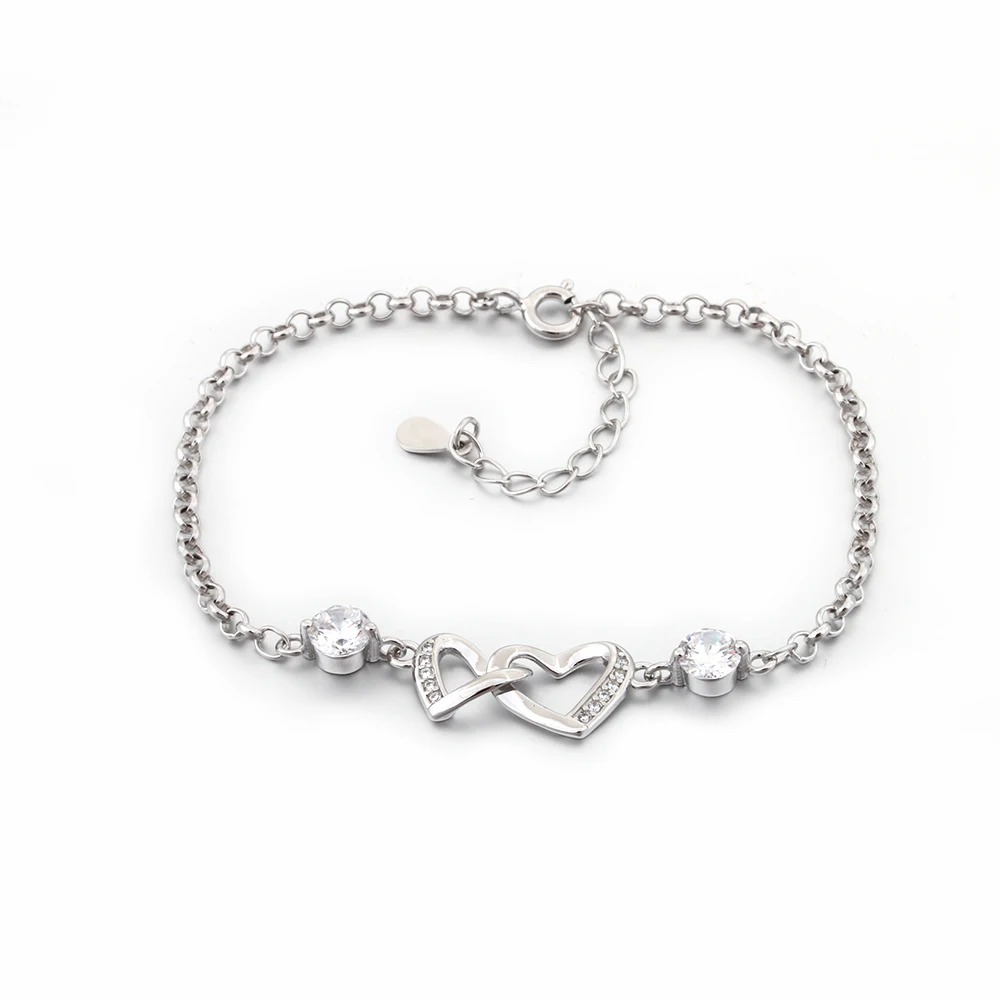 

Fashion Zircon Jewellery Double Heart Pure 925 Silver Bracelet