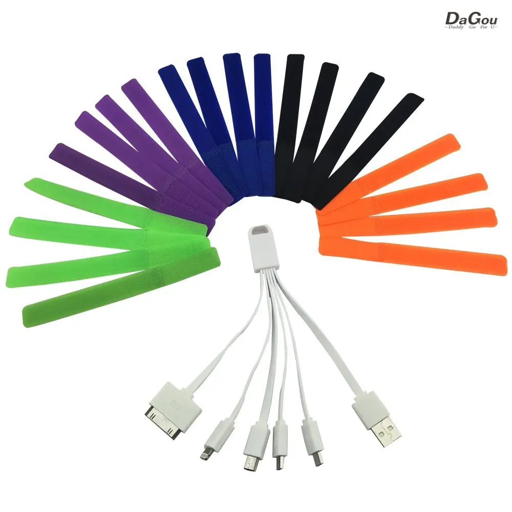 DaGou, Velcro Cable Tie&Multi-function Cable, Thin Self-Gripping Cable Ties: Reusable, Light Duty - 7.5" Ties, 20 Pack, 6-in-1 Multi-Function Cable, With USB, Two Micro-USB, Mini-USB, Lightning and iPod Dock, With Keychain Cable (Multi-Colored)