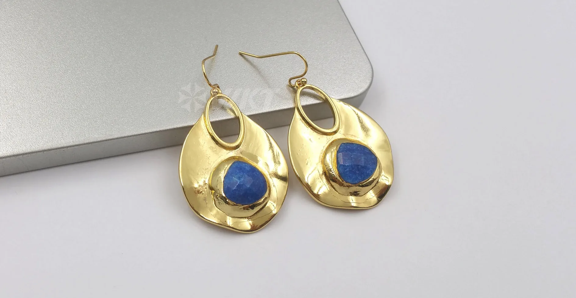 Earrings Gold Plated Jade Blue