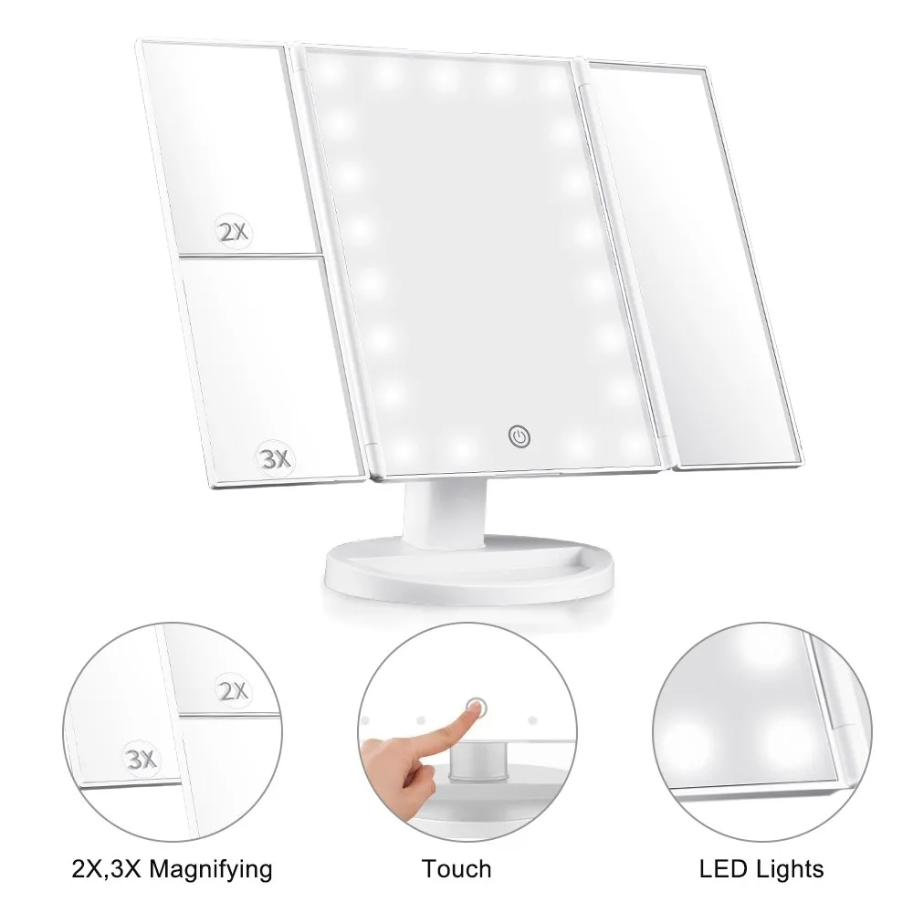 

Tri-Fold Lighted Vanity Mirror with 21 LED Lights Touch Screen and 3X/2X/1X Magnification Two Power Supply Model Make Up Mirror, Customized color