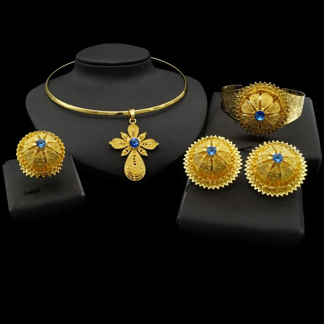 

Yulaili Big Pendant Yellow Gold Plated Bule Crystal Ethiopian Traditional Jewelry Set