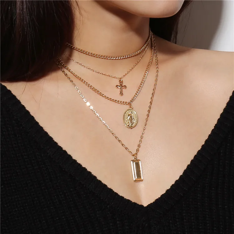 

Promotion Gift Wholesale Women Custom Fashion Necklaces Jewelry Retro Cross Jesus Long Multi Layered Gold Necklace, As show