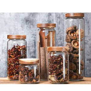 Image of Large empty airtight round bamboo lid glass storage jar for 500ml tea storage jar