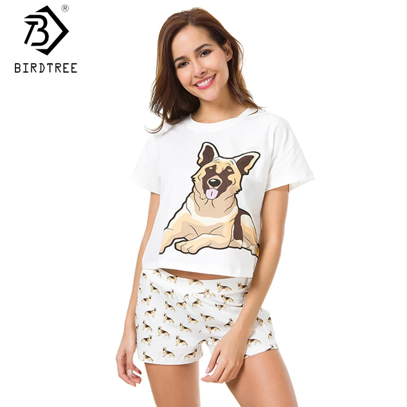 

Women's Cute Pajama Sets German Shepherd Dog Print 2 Pieces Set Crop Top + Shorts Elastic Waist Loose Top White Home Wear S92410