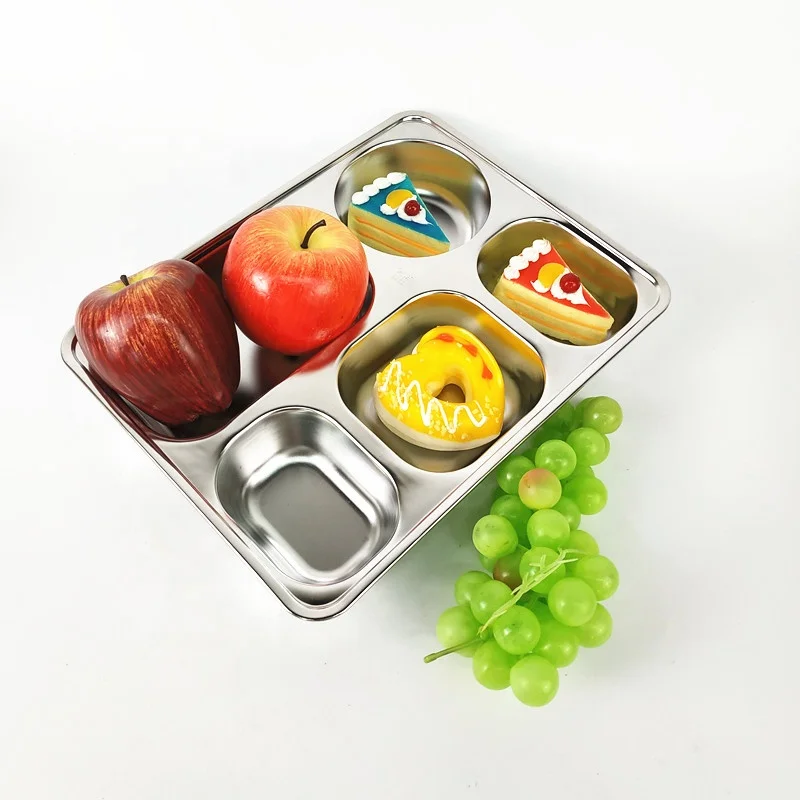 

Food Grade 304 Stainless Steel 5 Compartment Food Plate Metal Divided Tray Plate For School Kids Lunch Tray, Silver