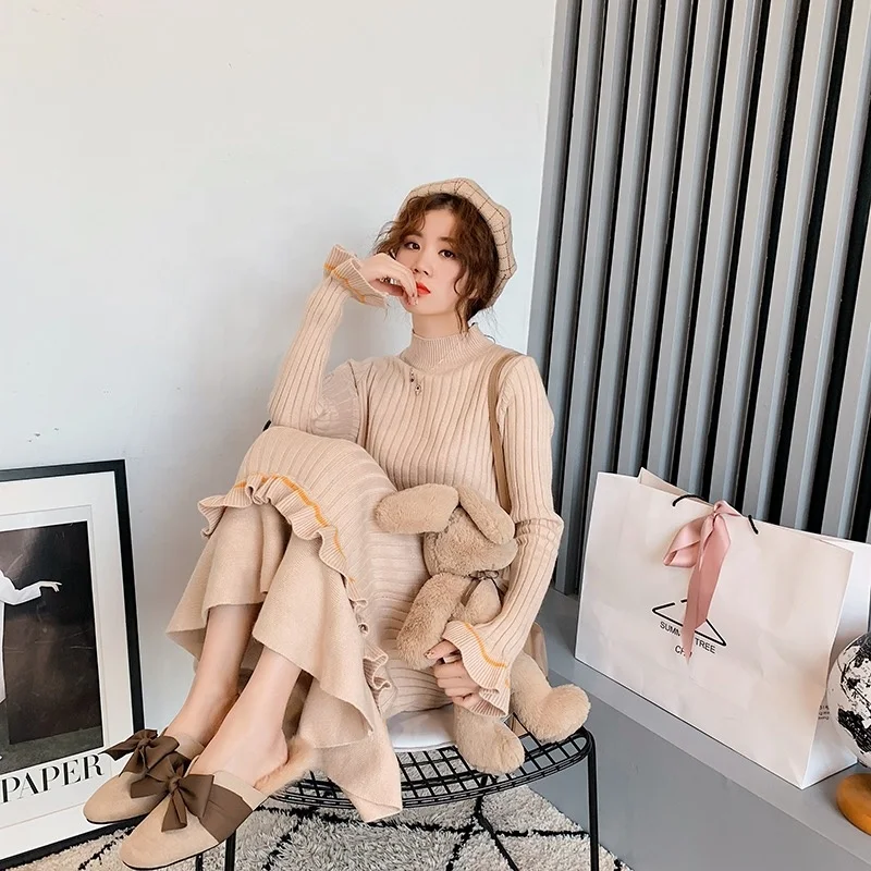 

Factory Outlet High-quality 2019 New Arrivals Lady Slim Flare Sleeve Knitwear Sweaters Pullover Long Dresses