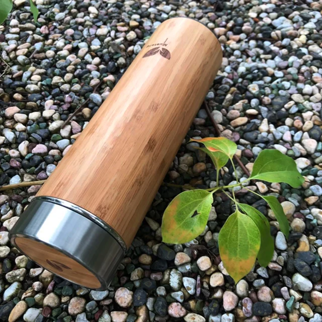 Recycled plain custom logo insulated stainless steel tumbler bamboo fiber vacuum flask thermos drink water bottle with filter
