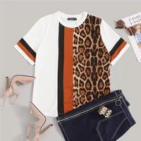 

SHEIN White Color Block Cut-and-Sew Leopard Panel Top Short Sleeve O-Neck Casual T Shirt Women 2019 Summer Leisure Tshirt Tops