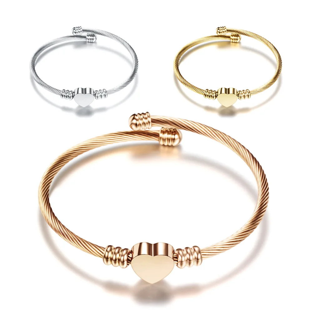 

Yiwu Ruigang 316L stainless steel gold color heart shape charm bracelet of wires adjustable wire bangle bracelet