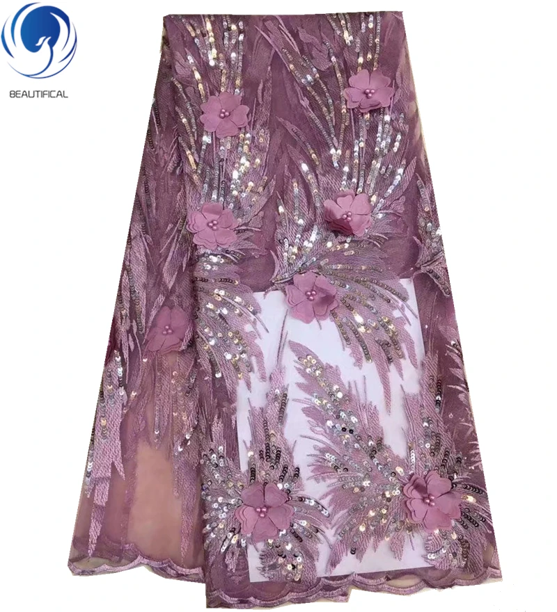 

Beautifical 3d french lace fabric sequins nigerian lace 3d flower tulle fabric with beads ML1N705, Can be customized