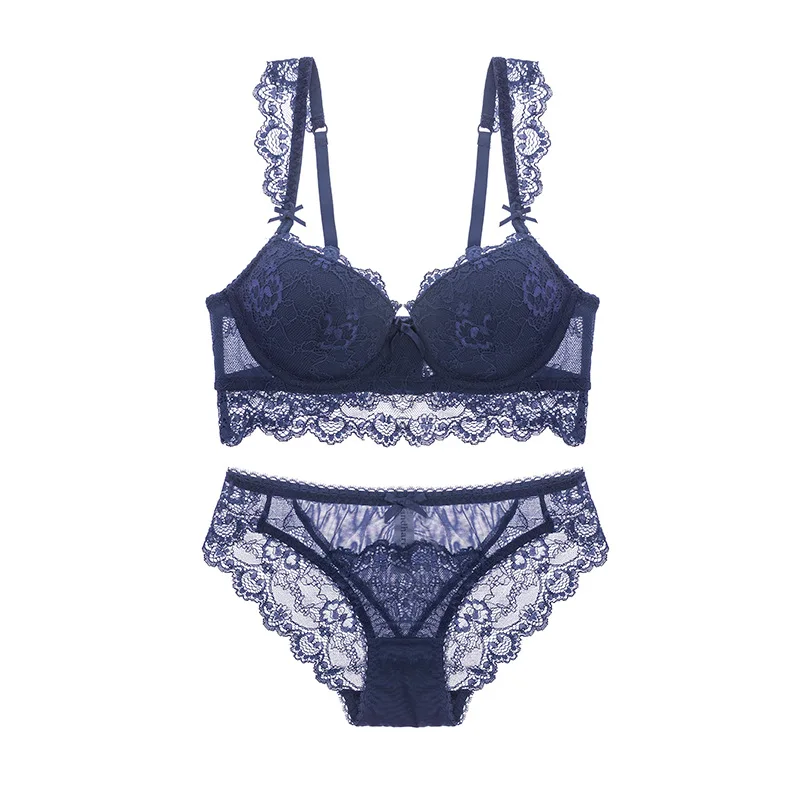 

New Design Women Plus Size Push Up Bra Set Blue Black White Red Bra See Through Transparent Lace Panties, Black;white;red;blue
