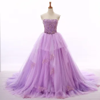 Purple Tulle Layers Beaded Lace Applique Strapless Bride S Gowns A