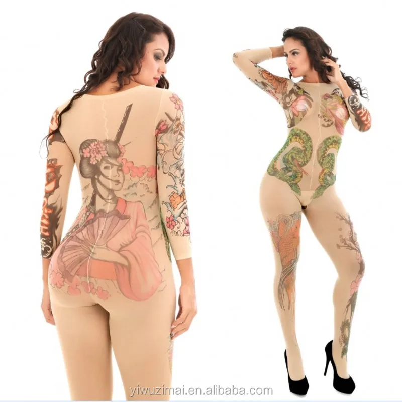 

Sexy Lingerie long sleeve Bodysuit Open Crotch tattoo silk patterns Bodystocking, Shown