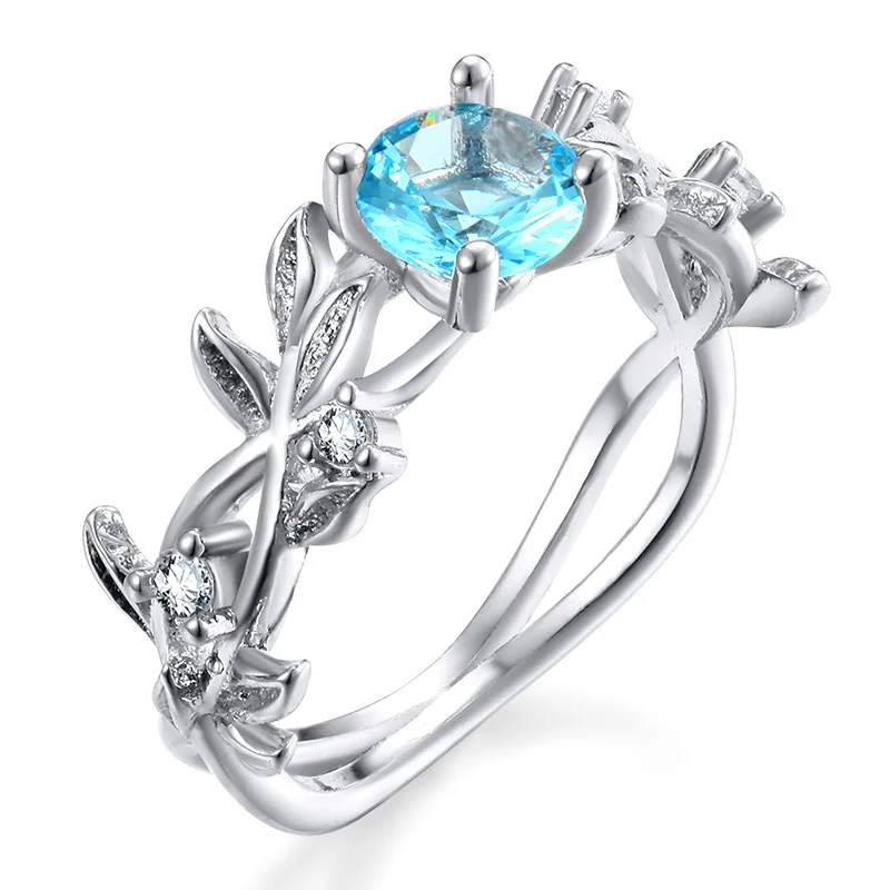 

Vintage 925 Silver Plated Jewelry Ring Sea Blue Sapphire Leaf Ring for Women Promise Anniversary Gifts, N/a