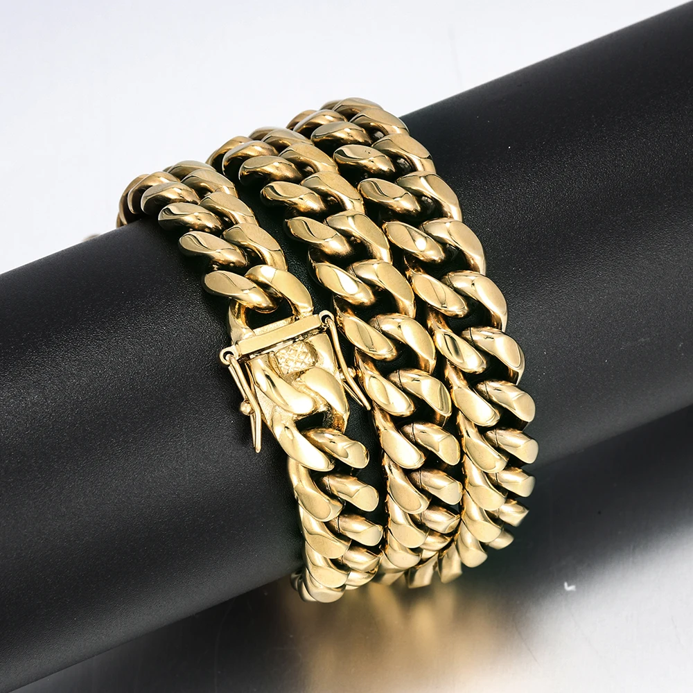 New Heavy Dubai 14k Real Gold Plated Stainless Steel Cuban Link Chain 
