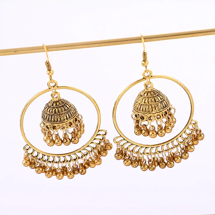 

Wholesale Retro Indian Ethnic Metal Tassel Beaded Pendant Jewelry Long Dangle Hoop Jhumka Style temple Earrings