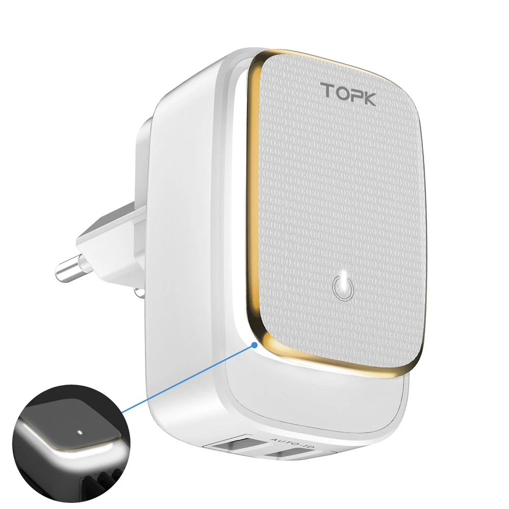 TOPK  2-Port Auto-ID EU&US 2-IN-1 Travel Wall Mobile Phone USB Charger Adapter