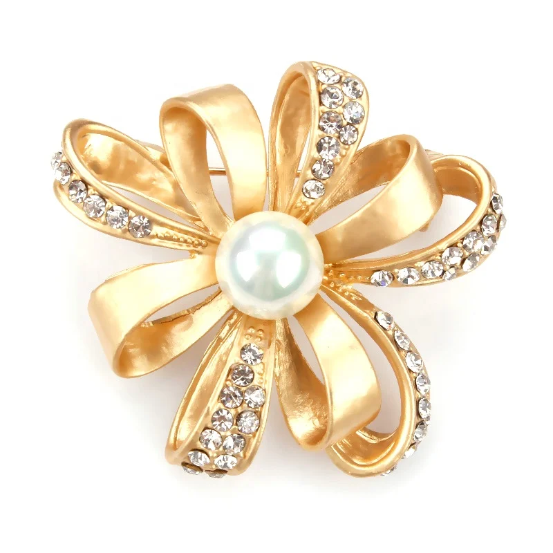 

Ladies Fashion Alloy Silk Ribbon Pin Crystal Flower Pearl Lapel Pins Brooch