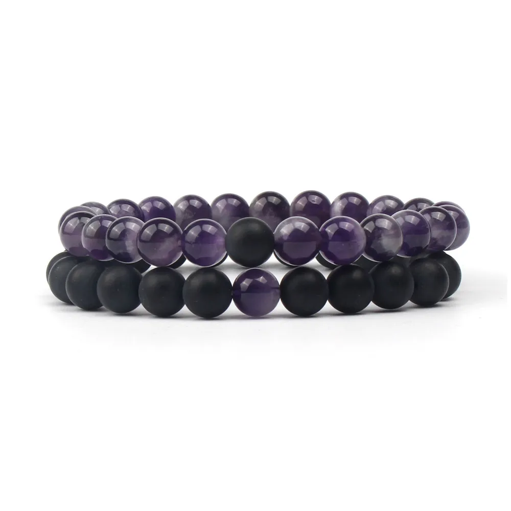 

Volcanic Stone Amethyst Elastic Line Bracelet Natural Stone Set Bracelet Couple Bracelet