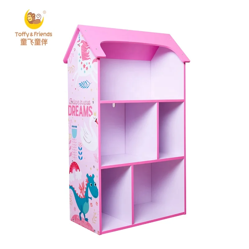 Toffy & Friends Kids Wooden Bookshelf House Shape Book Case In Unicorn