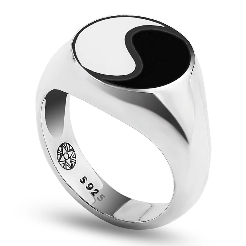 

Tai chi Yin Yang Gossip Ring Men Enamel Antique 925 Sterling Silver Finger Ring Jewelry For Men, White gold /rhodium