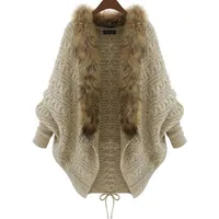 

Womens winter fur collar cardigan, plus size with batwing sleeves sweater cardigan