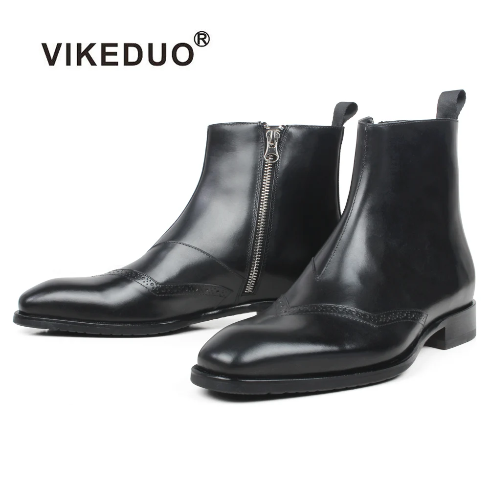 

VIKEDUO Hand Made Mens Online Boutique Ankle Designer Boot Brogues Calf Leather Chelsea Men Black Boots Male