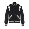 2019 Latest Design Men's Wool Bomber Jacket Black White Contrast Varsity Jacket With Leather Trim with Lowest Wholesale Prices