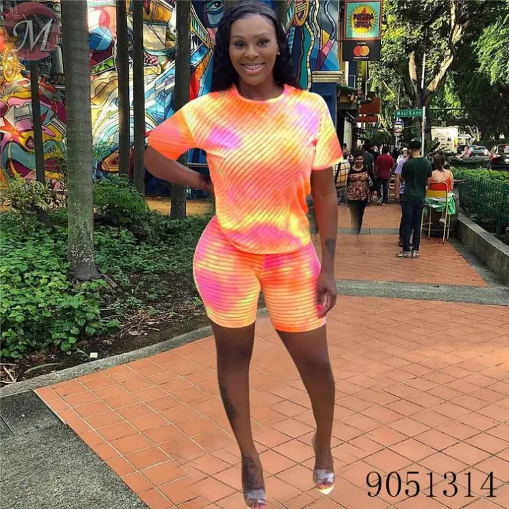 

9051314 queenmoen women casual tie dye stripe two piece short set sports suit, Orange