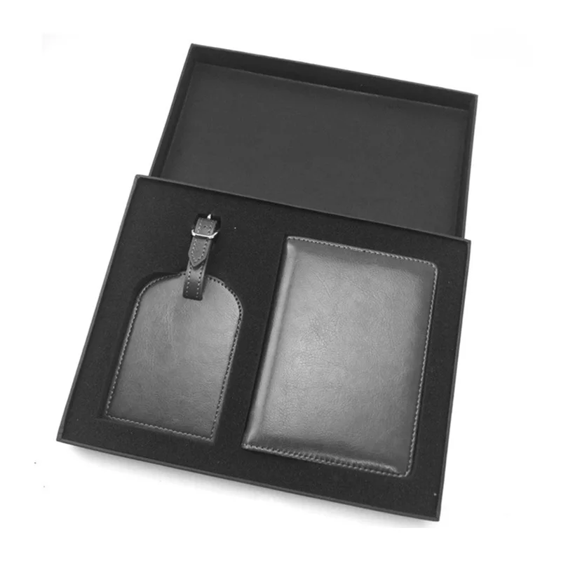 

Custom Logo PU Leather Passport Holder Travel Cover Case & Luggage Tag Set in Gift Box, Black or customized color