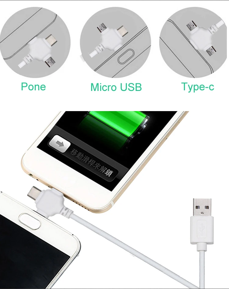 Kuncan Fast Charging 3 in 1 multi port smart phone usb cable charger for type C 2A usb a cable