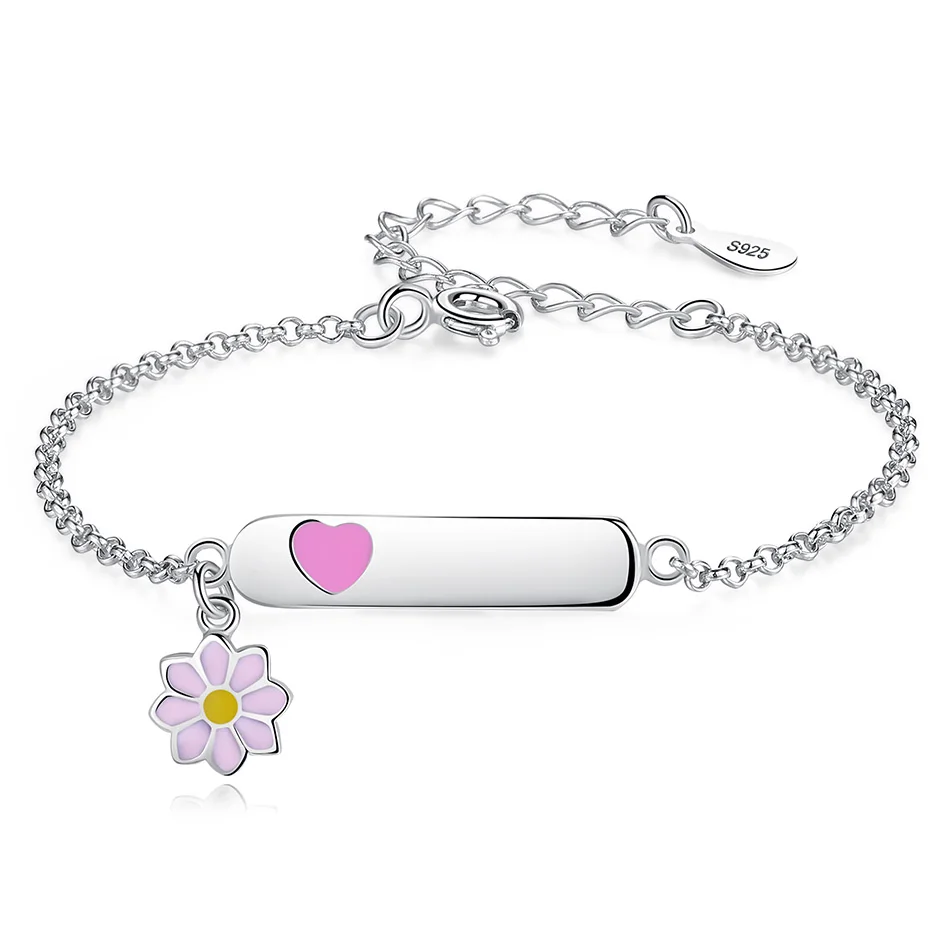 

Custom Personalized Name Bracelet 925 Sterling Silver Pink Enamel Sunflower Bracelets For Children
