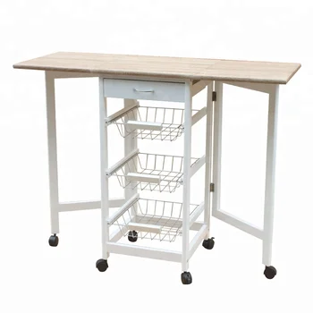 Portable Rolling Drop Leaf Kitchen Island Cart White Tile Top
