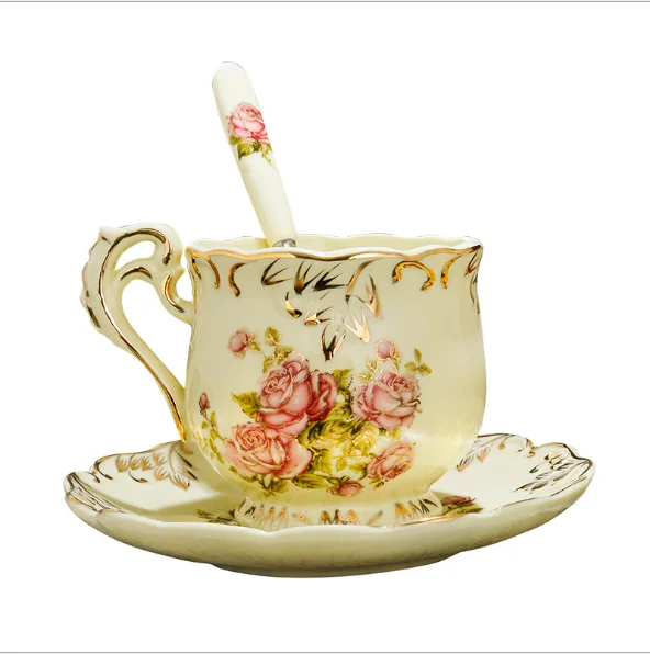 

European Hand Carved Ivory Porcelain Coffee Cup And Saucer Fashion Gold Ceramic Afternoon Tea Teacup With Spoon Sets, Customized color