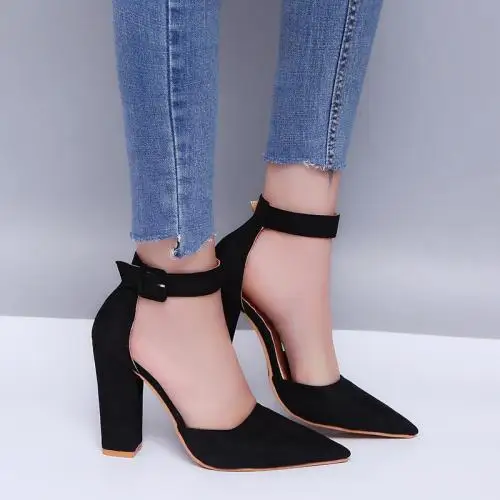 

woman shoes new arrivals 2021 PU Leather & Suede buckle & chunky shoes High-Heeled Shoes pointed toe & hollow 187254