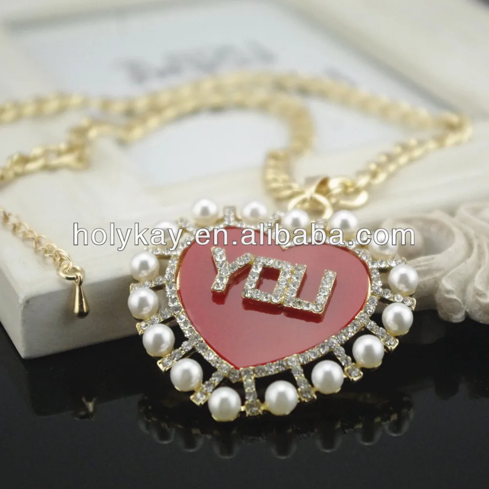 Wholesale Cute Love Heart Shaped Pendant Necklace,Girls Pink Heart Jewelry With Pearl Necklace