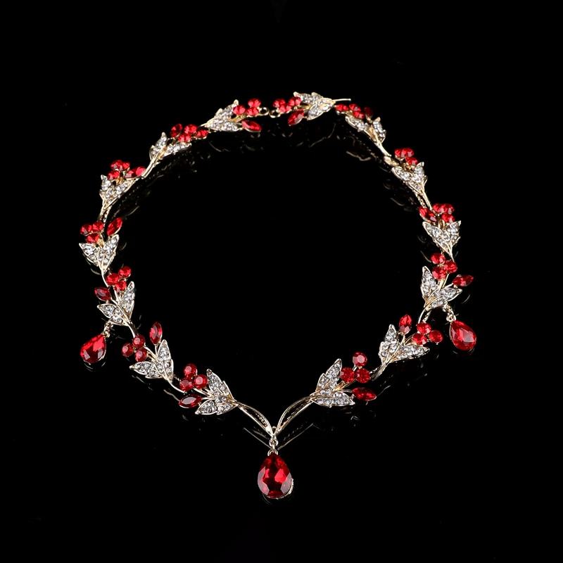 

EES141 red Metal Leaves Rhinestone Hairband Headpiece Crown Tiaras with Forehead Bridal Wedding Hair Accessories, Silver